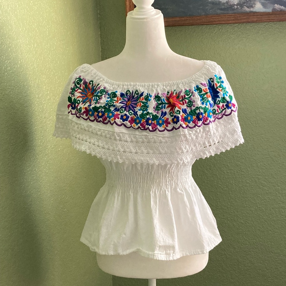 White Smocked Off-Shoulder Blouse with Embroidery